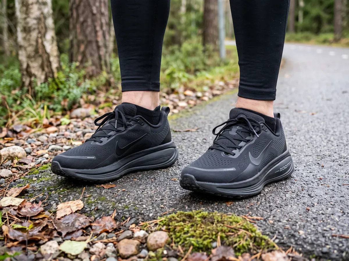 Nike Vomero 18 på fötterna på blöt asfalt