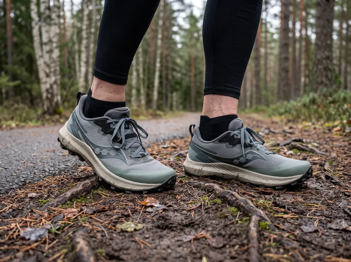 Saucony Peregrine 14 på fötterna på blöt asfalt