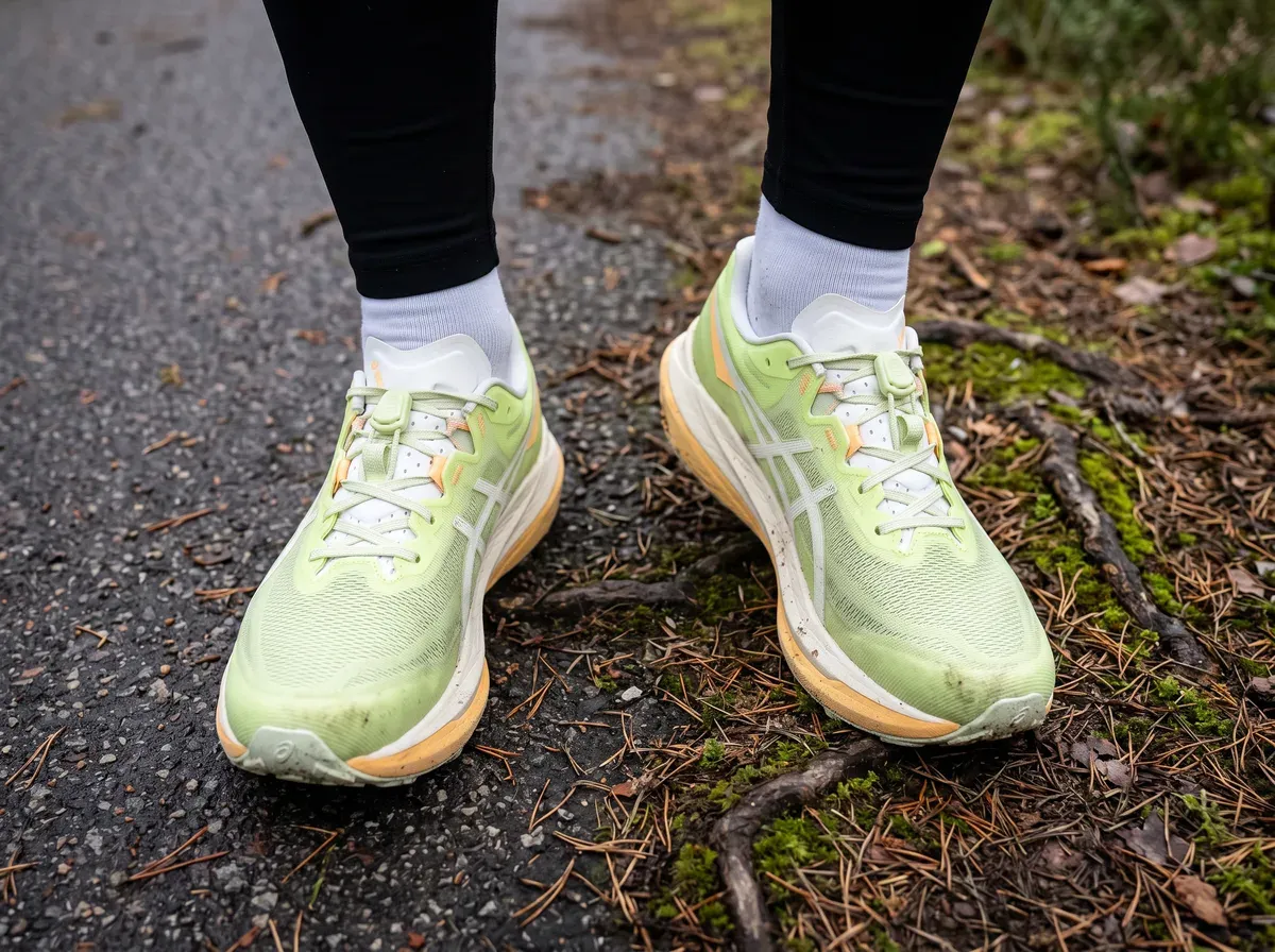 Asics Fujispeed 4 på fötterna på blöt asfalt