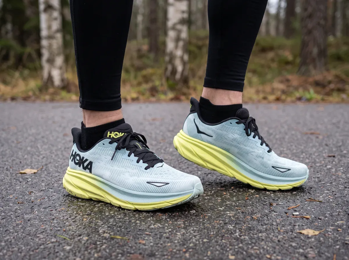 Hoka Clifton 9 på fötterna på blöt asfalt