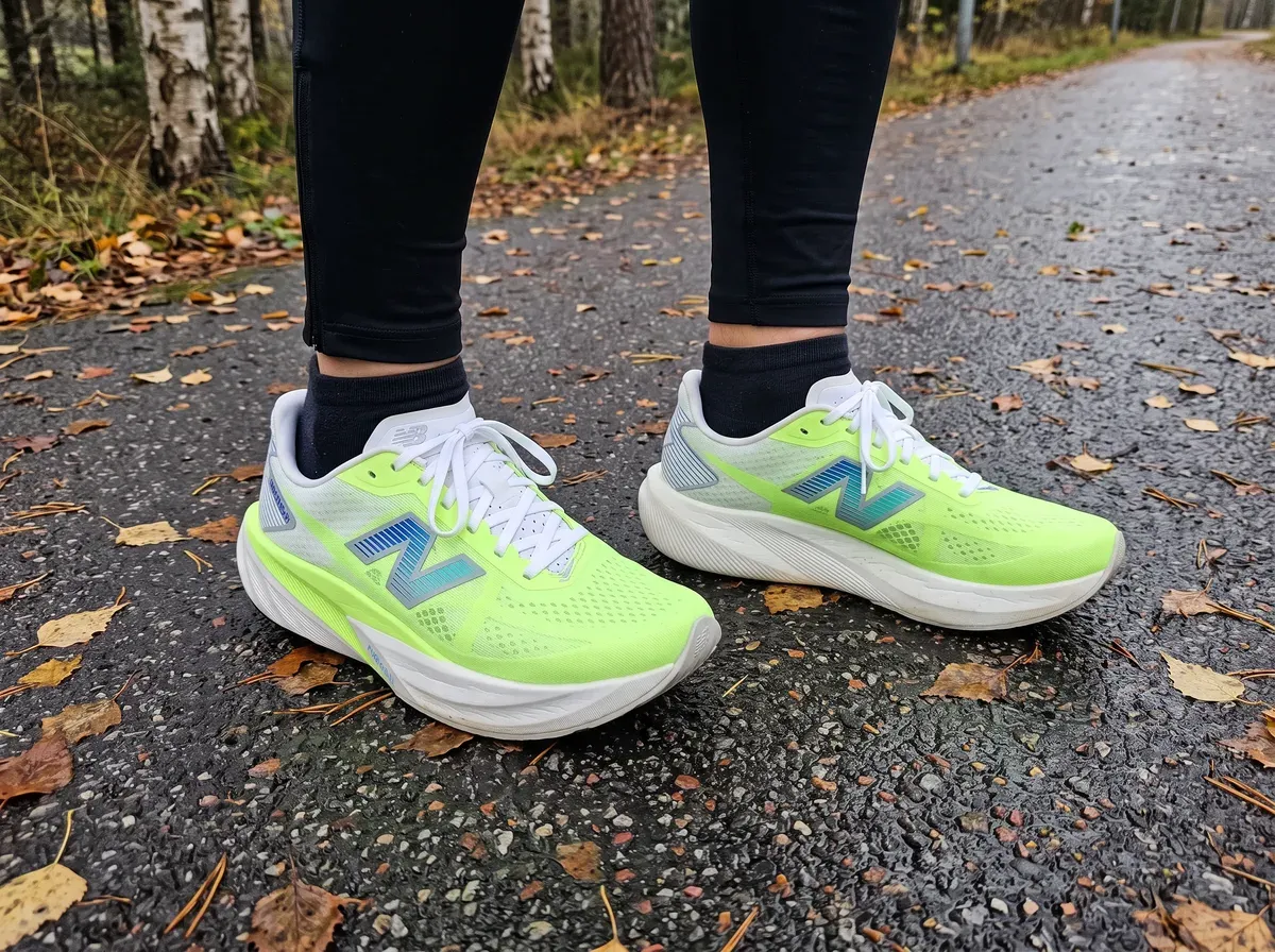 New Balance Rebel v5 på fötterna på blöt asfalt
