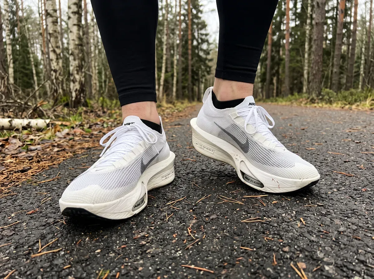 Nike Alphafly 3 på fötterna på blöt asfalt