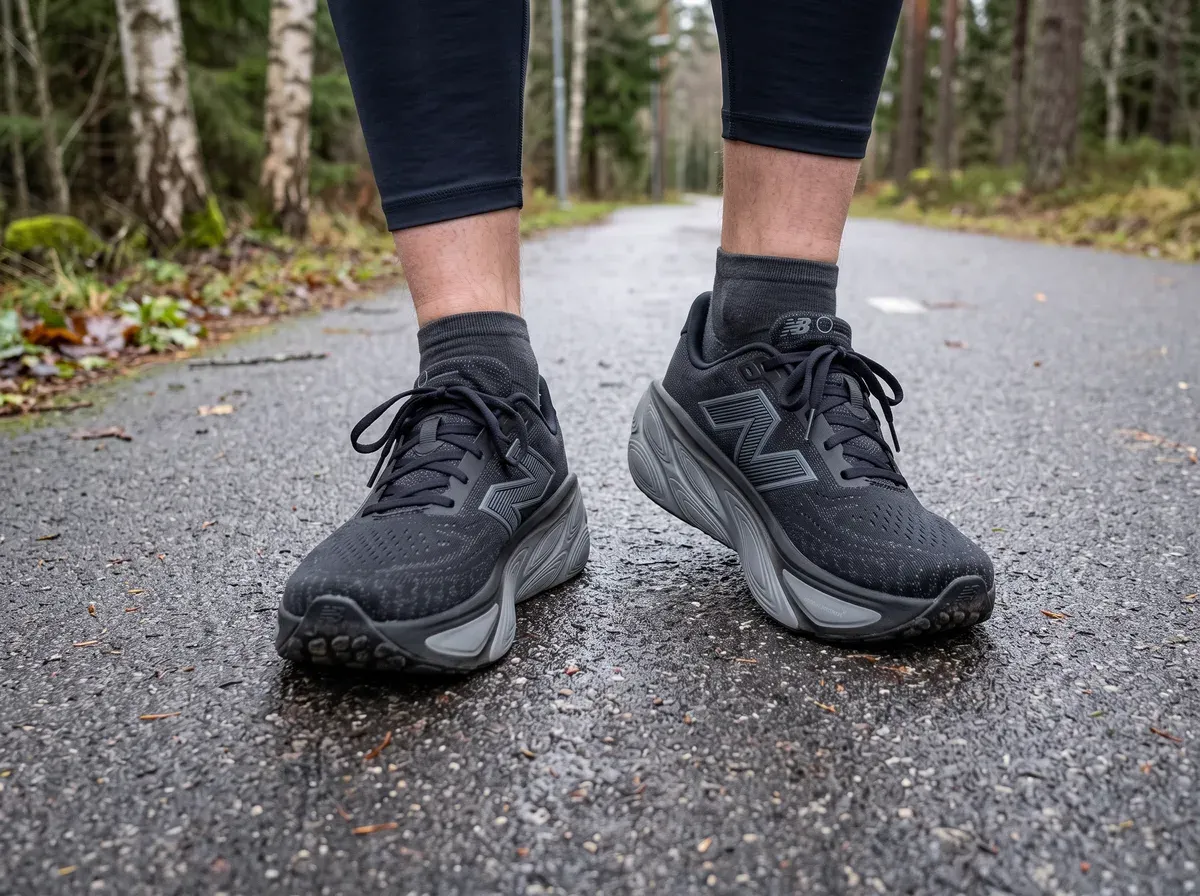 New Balance Fresh Foam X More v5 på fötterna på blöt asfalt