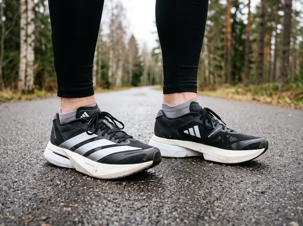 Adidas Adizero Boston 13 på fötterna på blöt asfalt