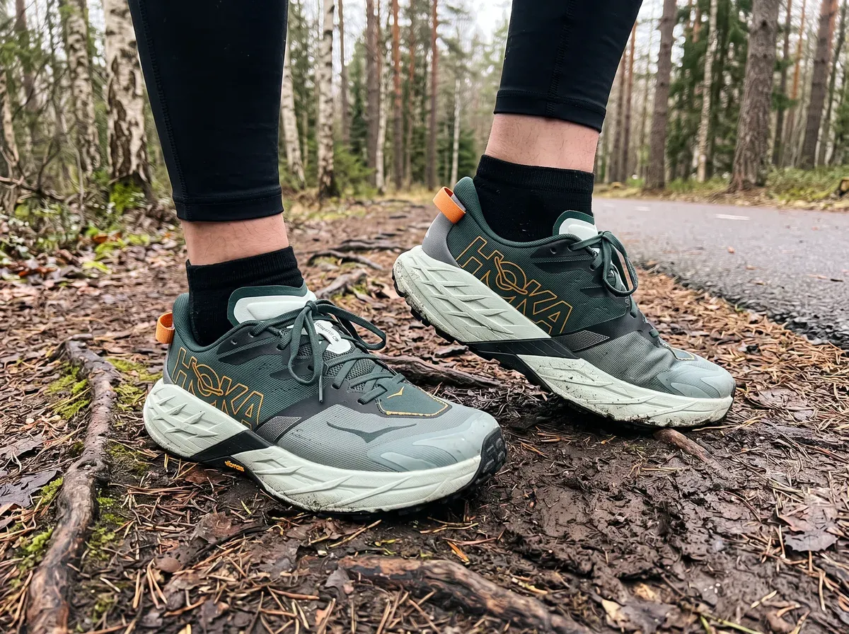 Hoka Speedgoat 7 på fötterna på blöt asfalt