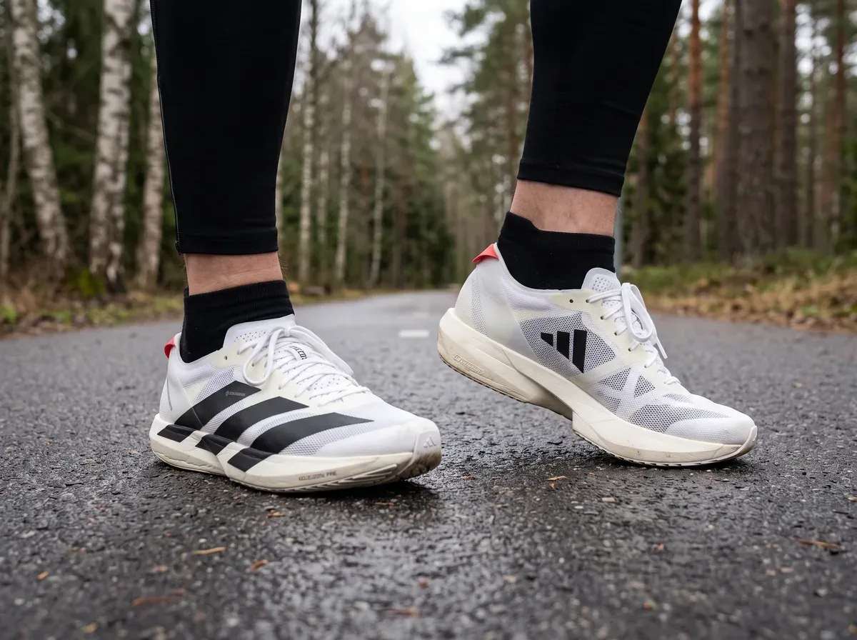 Adidas Adizero Adios 9 på fötterna på blöt asfalt