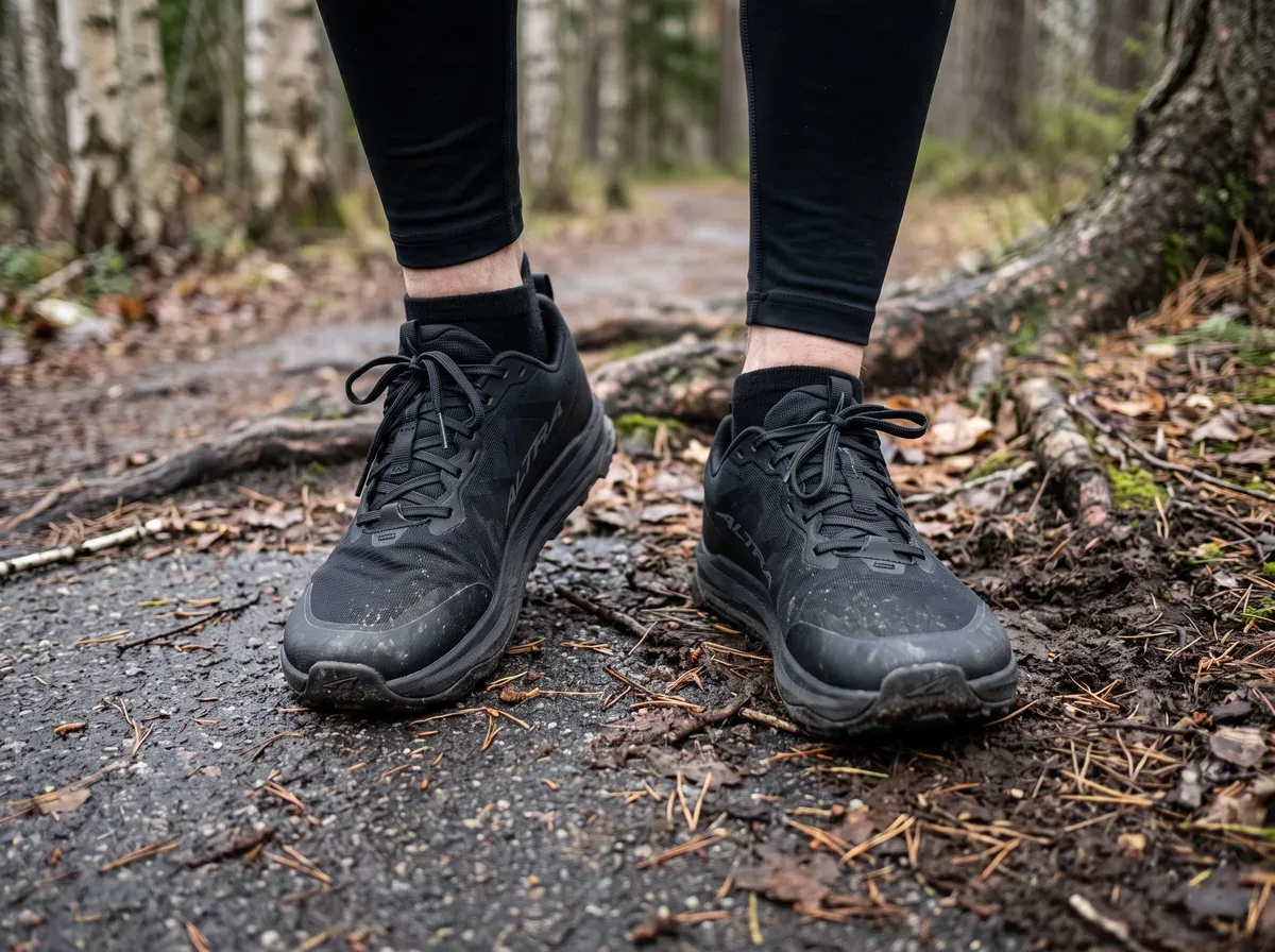 Altra Lone Peak 9 på fötterna på blöt asfalt