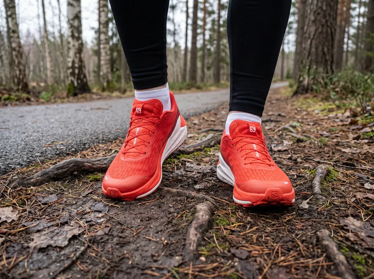 Salomon S/Lab Pulsar 4 på fötterna på blöt asfalt