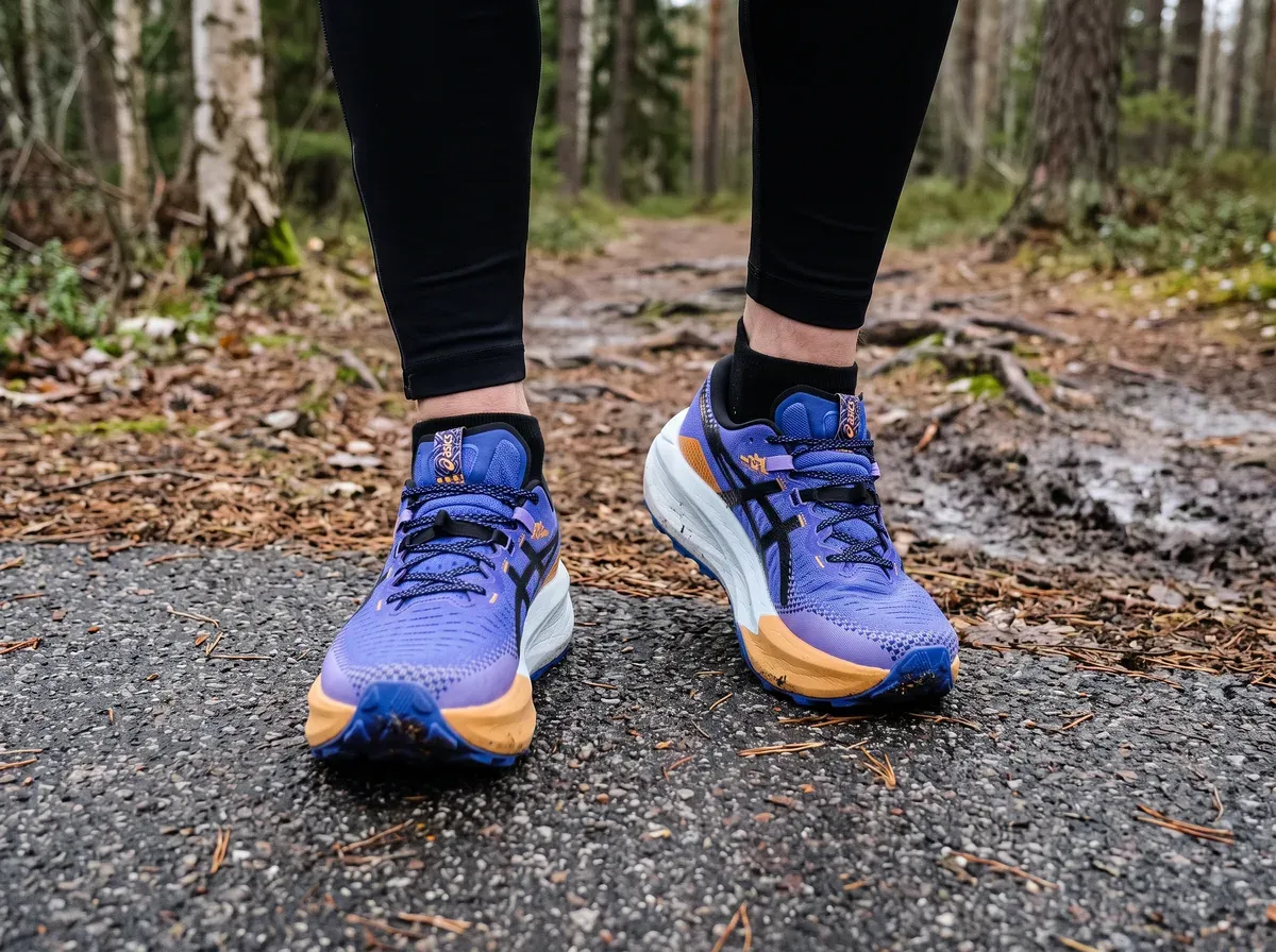 Asics Gel-Trabuco Max 5 på fötterna på blöt asfalt