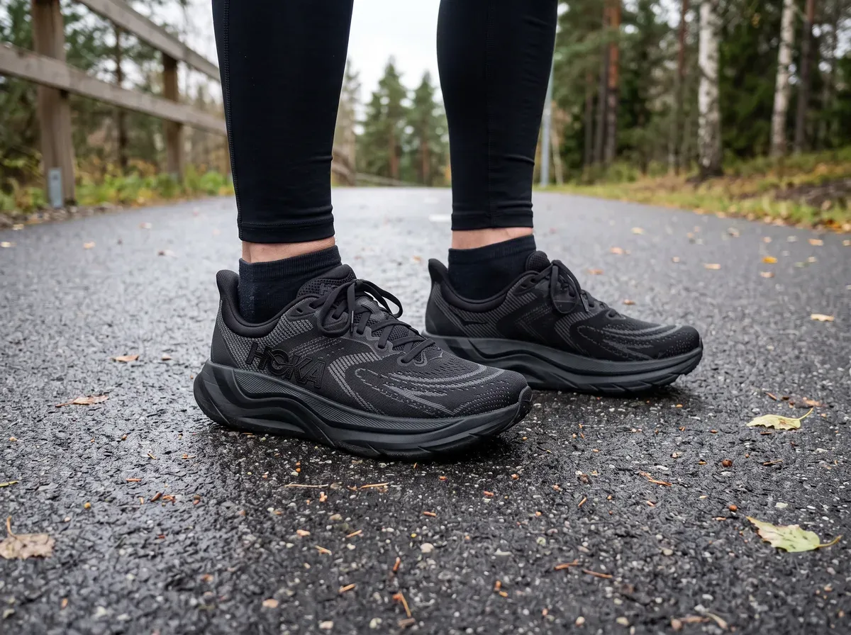 Hoka Arahi 8 på fötterna på blöt asfalt
