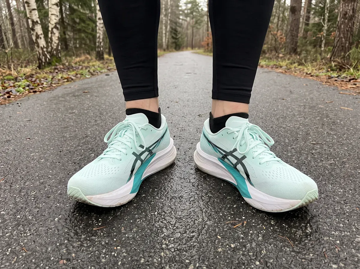 Asics Magic Speed 4 på fötterna på blöt asfalt