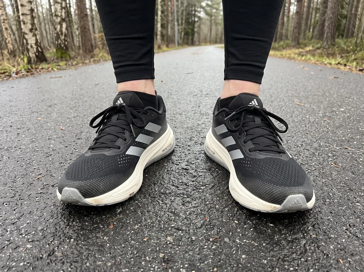 Adidas Supernova Rise på fötterna på blöt asfalt