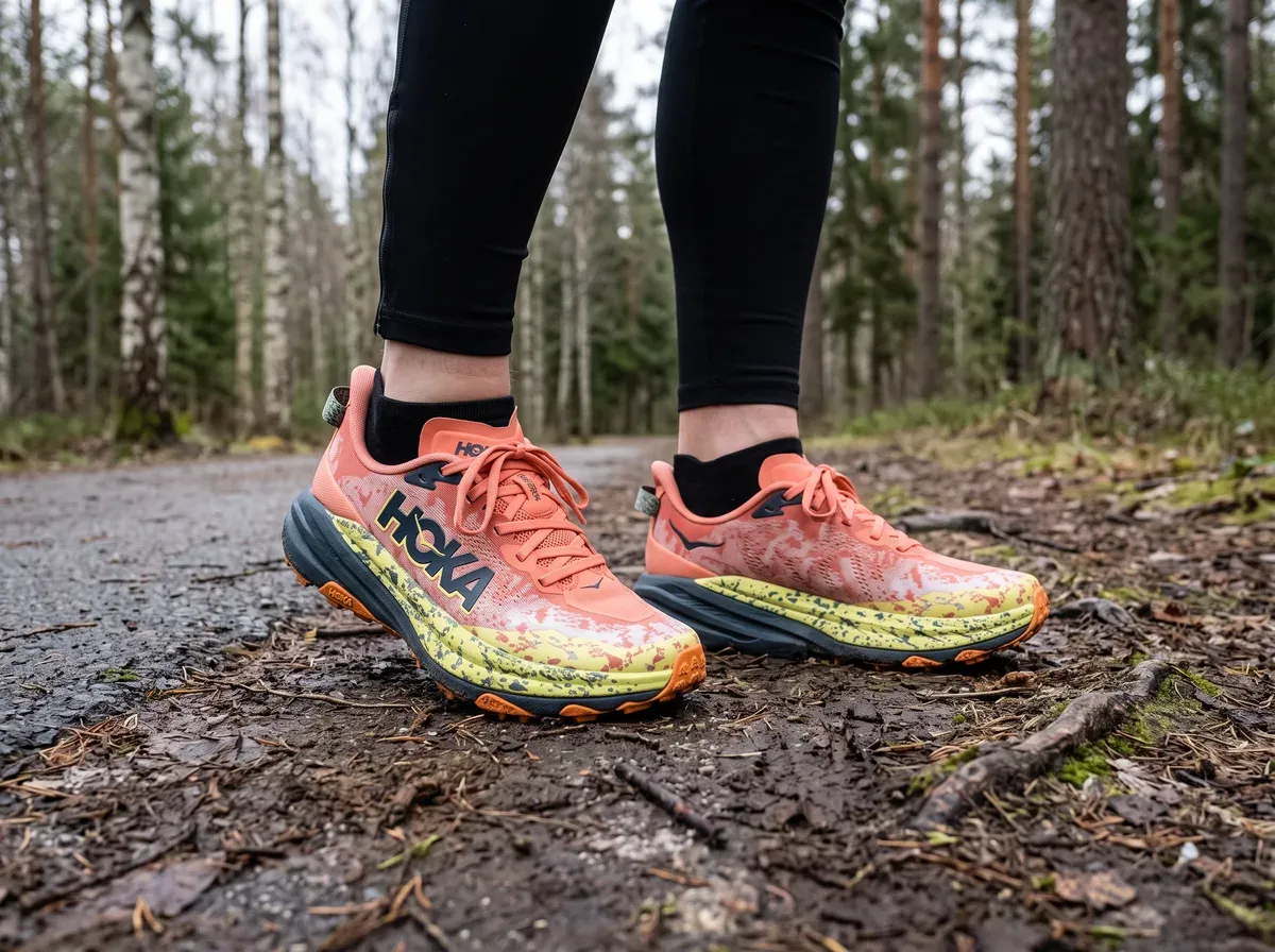 Hoka Speedgoat 6 på fötterna på blöt asfalt