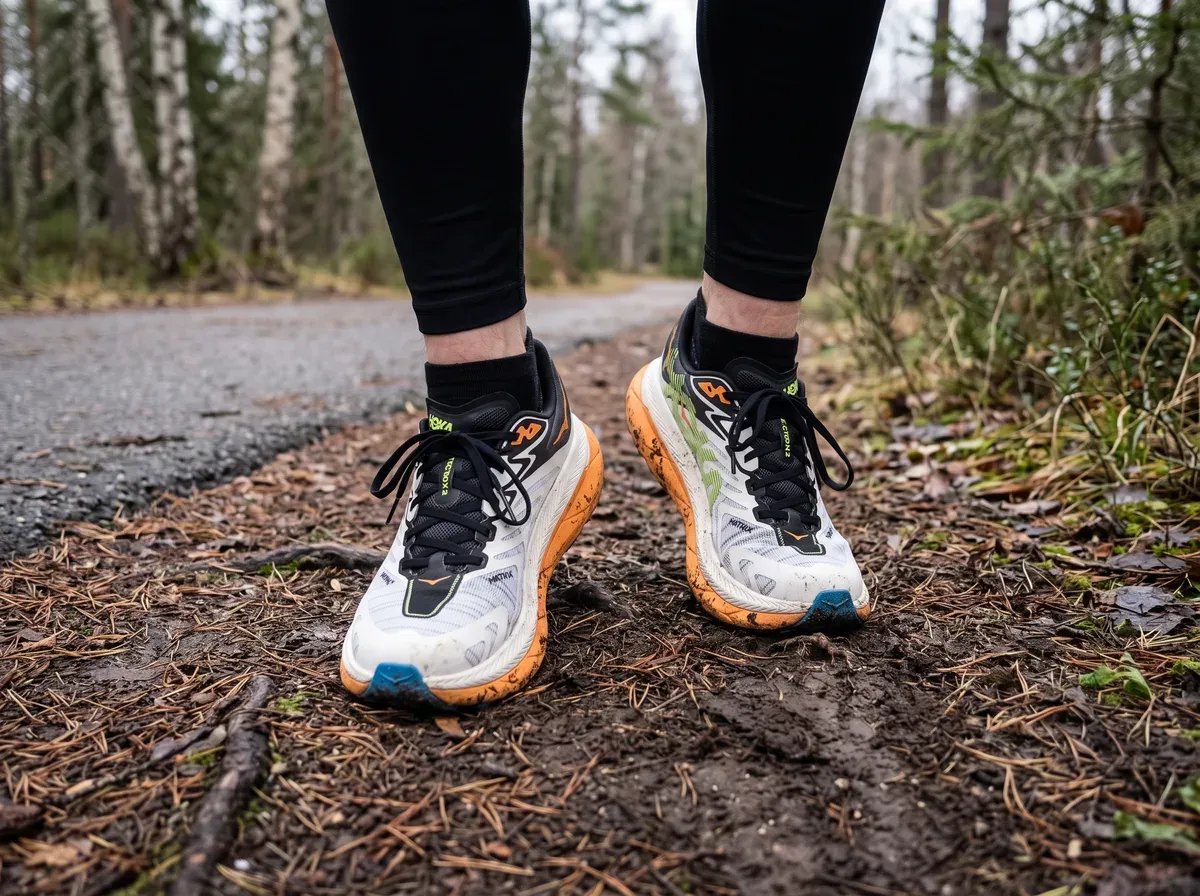 Hoka Tecton X 2 på fötterna på blöt asfalt