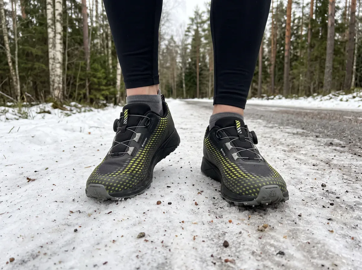 Icebug NewRun BUGrip på fötterna på blöt asfalt