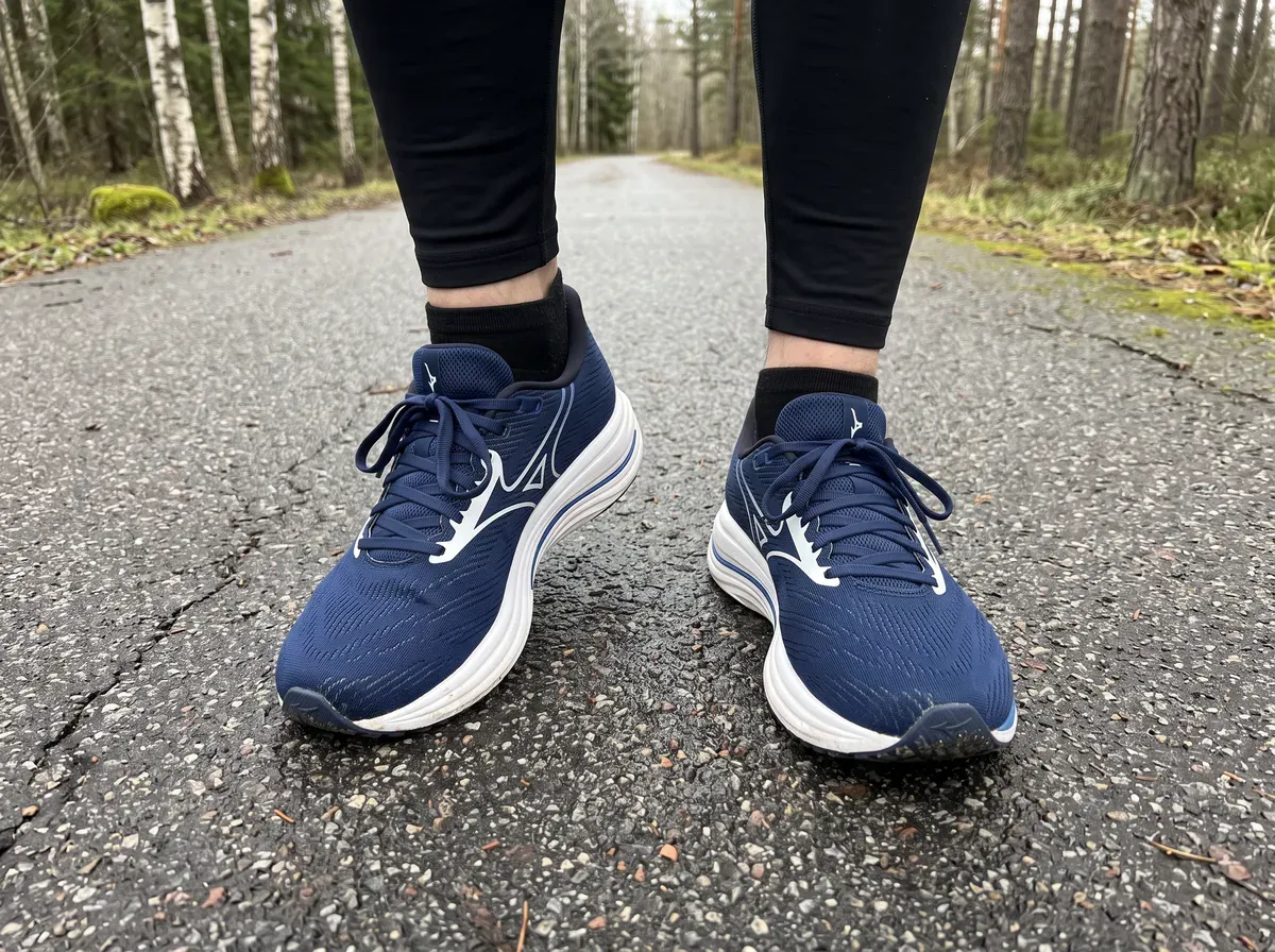 Mizuno Wave Rider 29 på fötterna på blöt asfalt