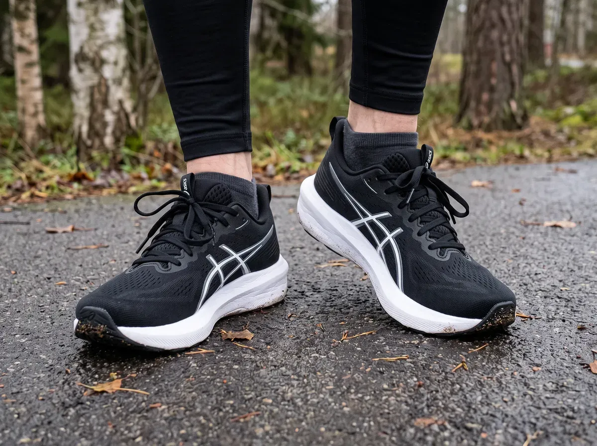 Asics GT-1000 14 på fötterna på blöt asfalt