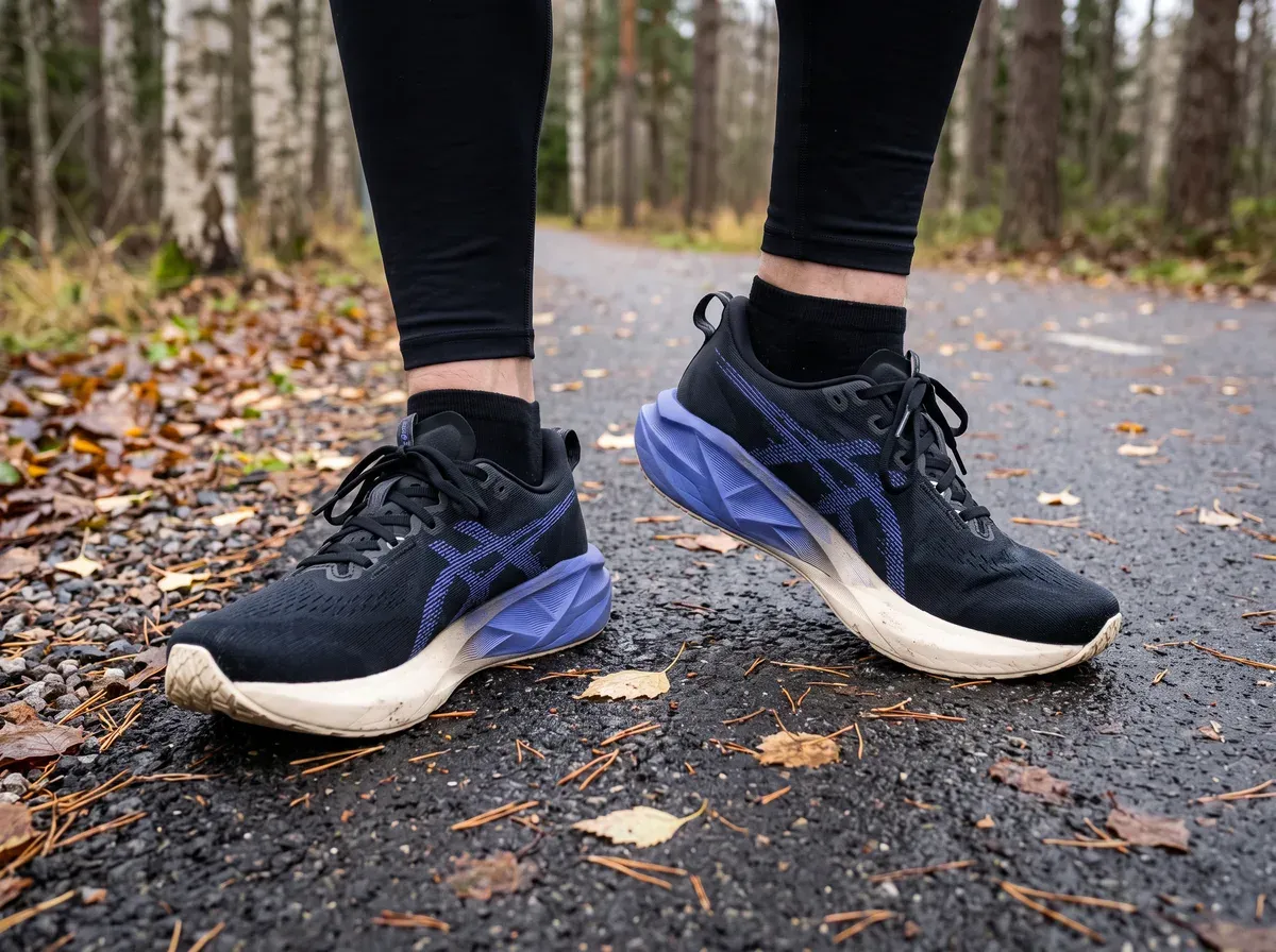 Asics Novablast 5 på fötterna på blöt asfalt