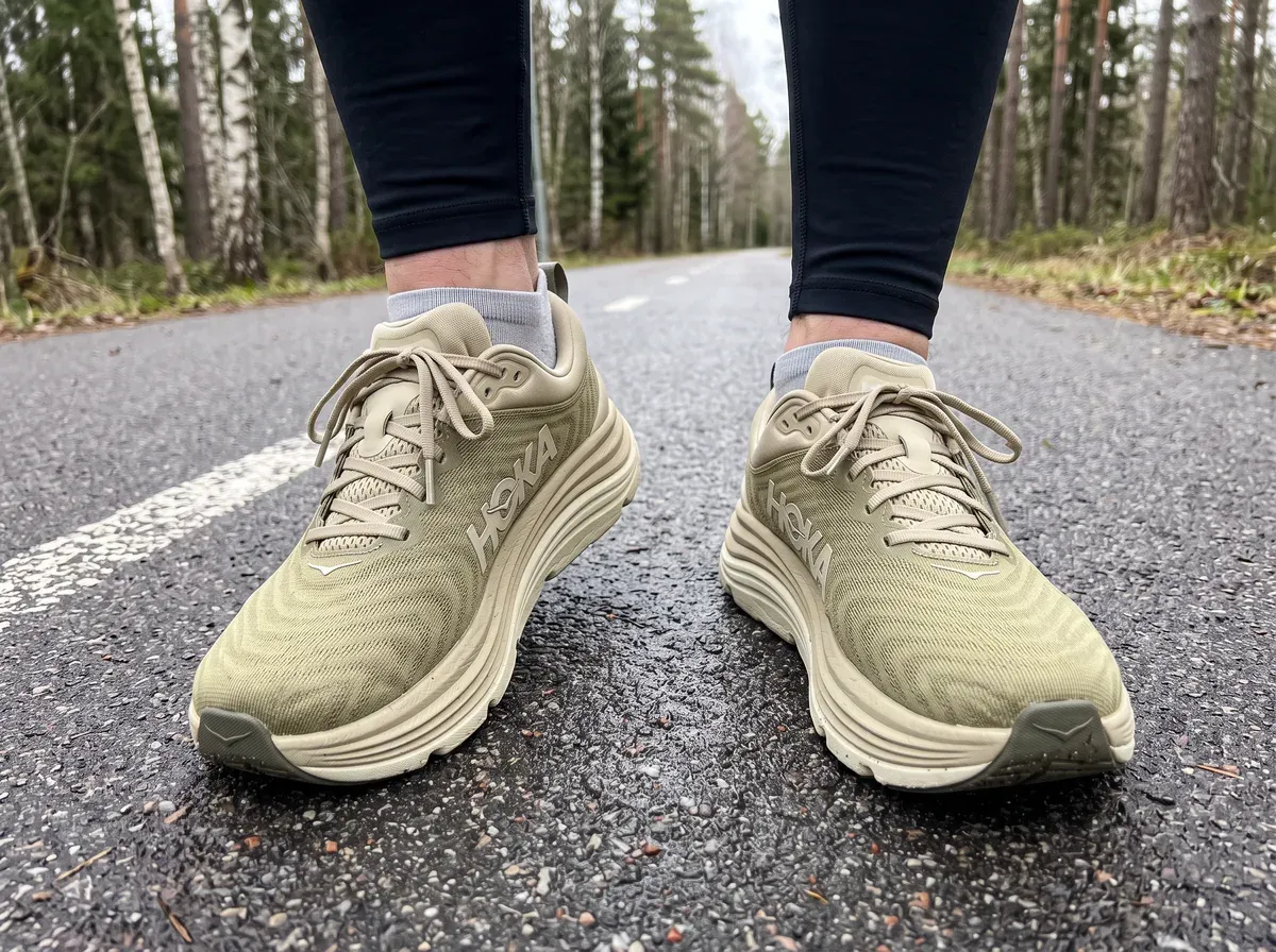 Hoka Gaviota 5 på fötterna på blöt asfalt