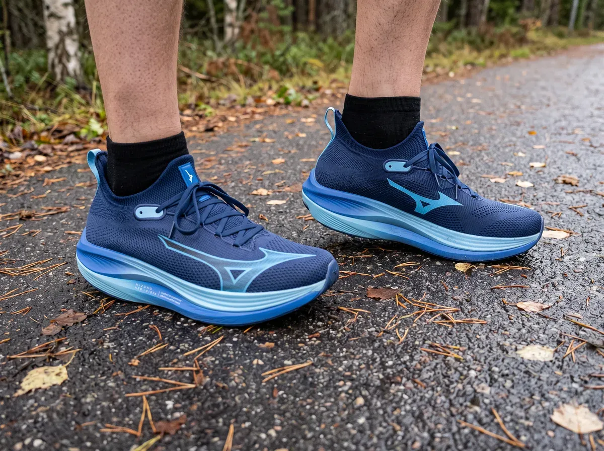 Mizuno Neo Vista på fötterna på blöt asfalt