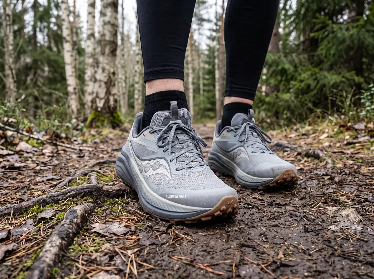 Saucony Xodus Ultra 3 på fötterna på blöt asfalt