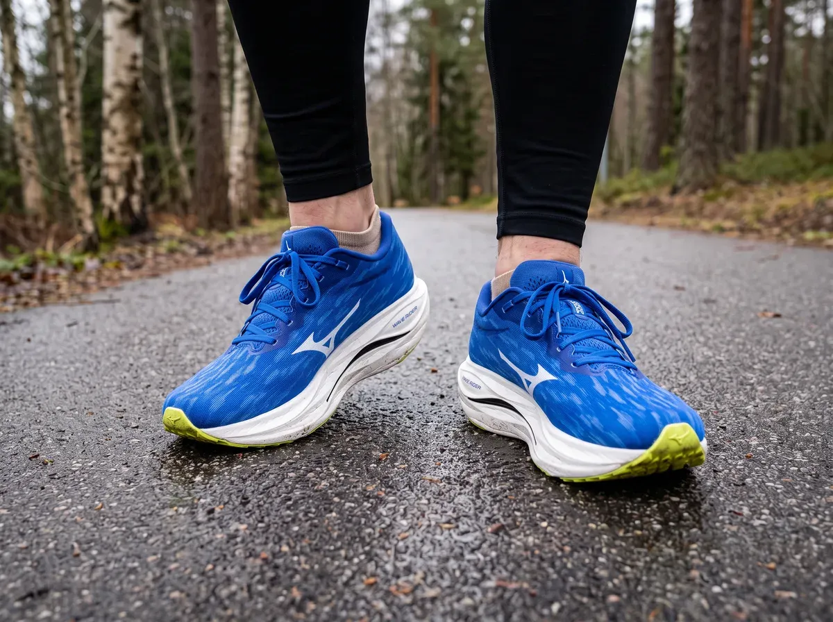 Mizuno Wave Rebellion Flash 3 på fötterna på blöt asfalt