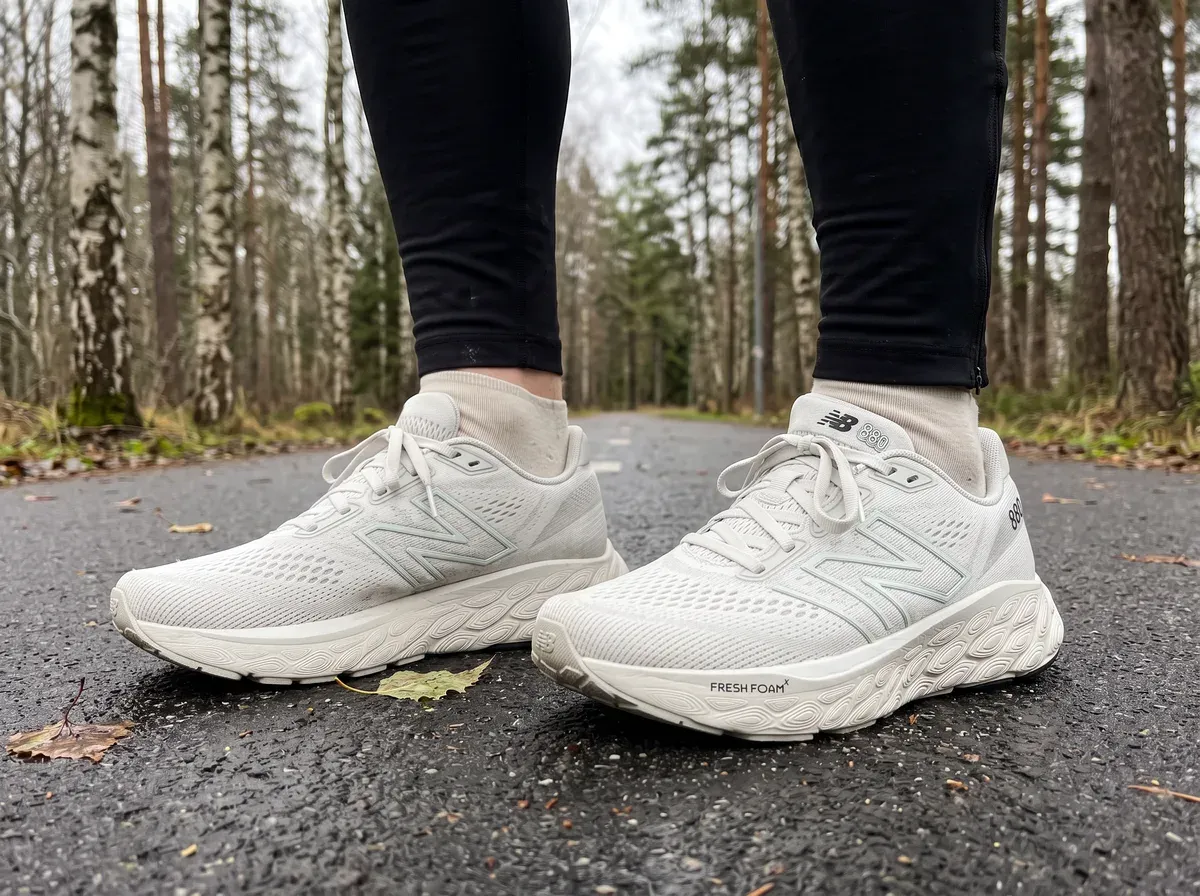 New Balance 880 v14 på fötterna på blöt asfalt