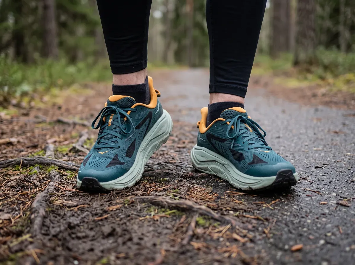 Hoka Challenger 8 på fötterna på blöt asfalt
