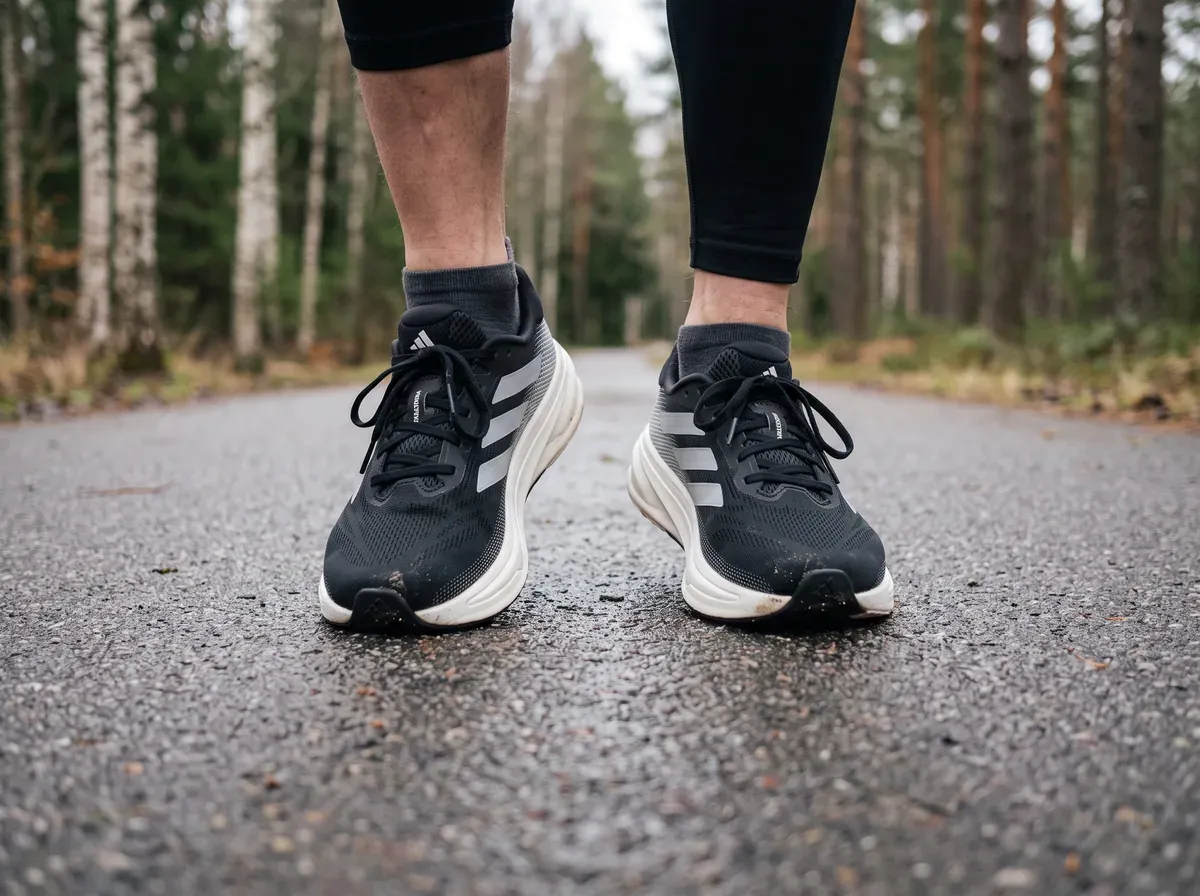 Adidas Supernova Rise 2 på fötterna på blöt asfalt
