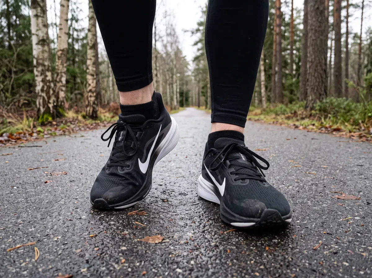 Nike Pegasus 42 på fötterna på blöt asfalt