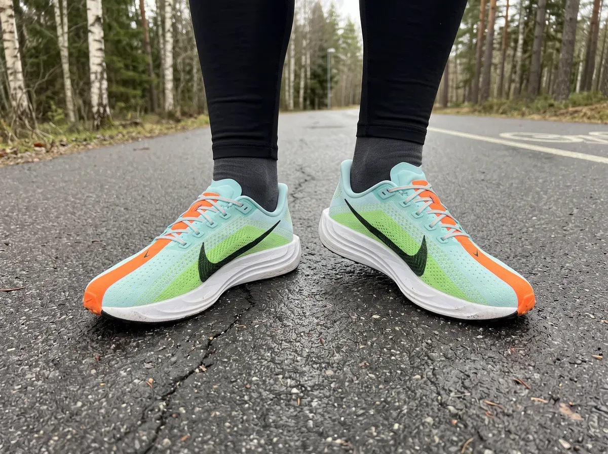 Nike Pegasus Plus på fötterna på blöt asfalt