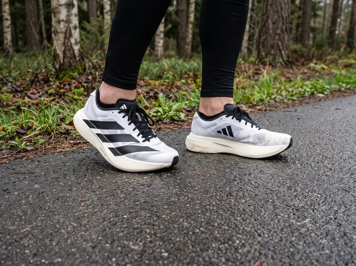 Adidas Adizero Evo SL på fötterna på blöt asfalt