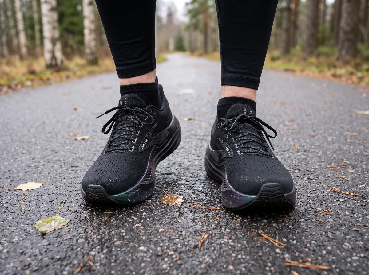 Brooks Glycerin Max på fötterna på blöt asfalt