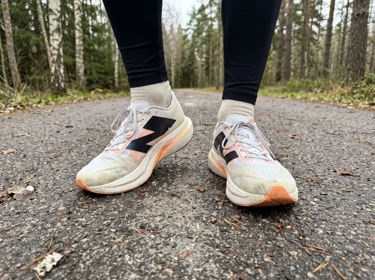 New Balance SC Elite v4 på fötterna på blöt asfalt
