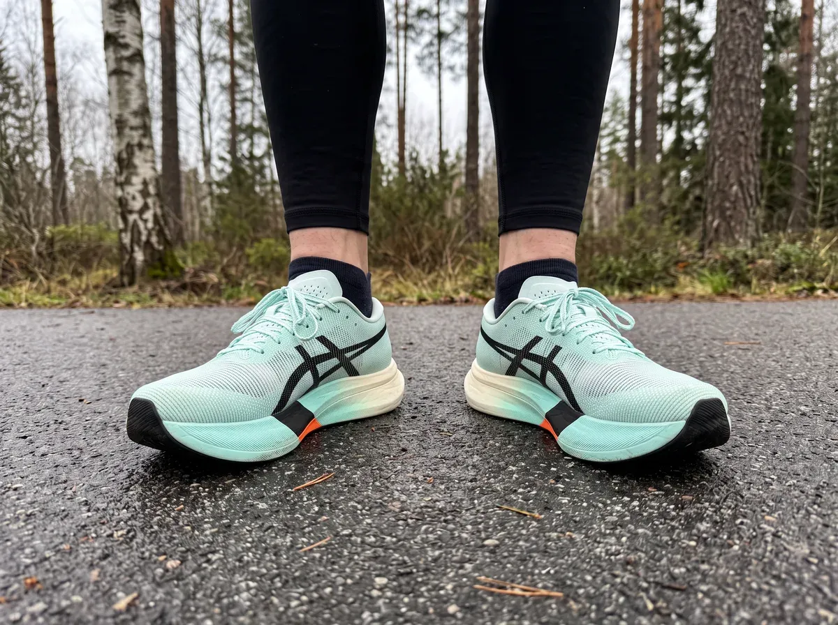 Asics Metaspeed Edge Paris på fötterna på blöt asfalt