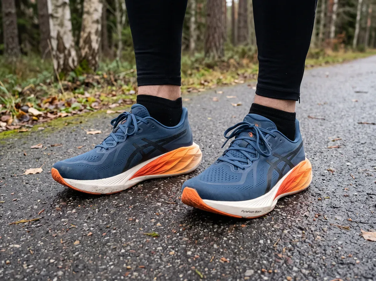 Asics Dynablast 6 på fötterna på blöt asfalt