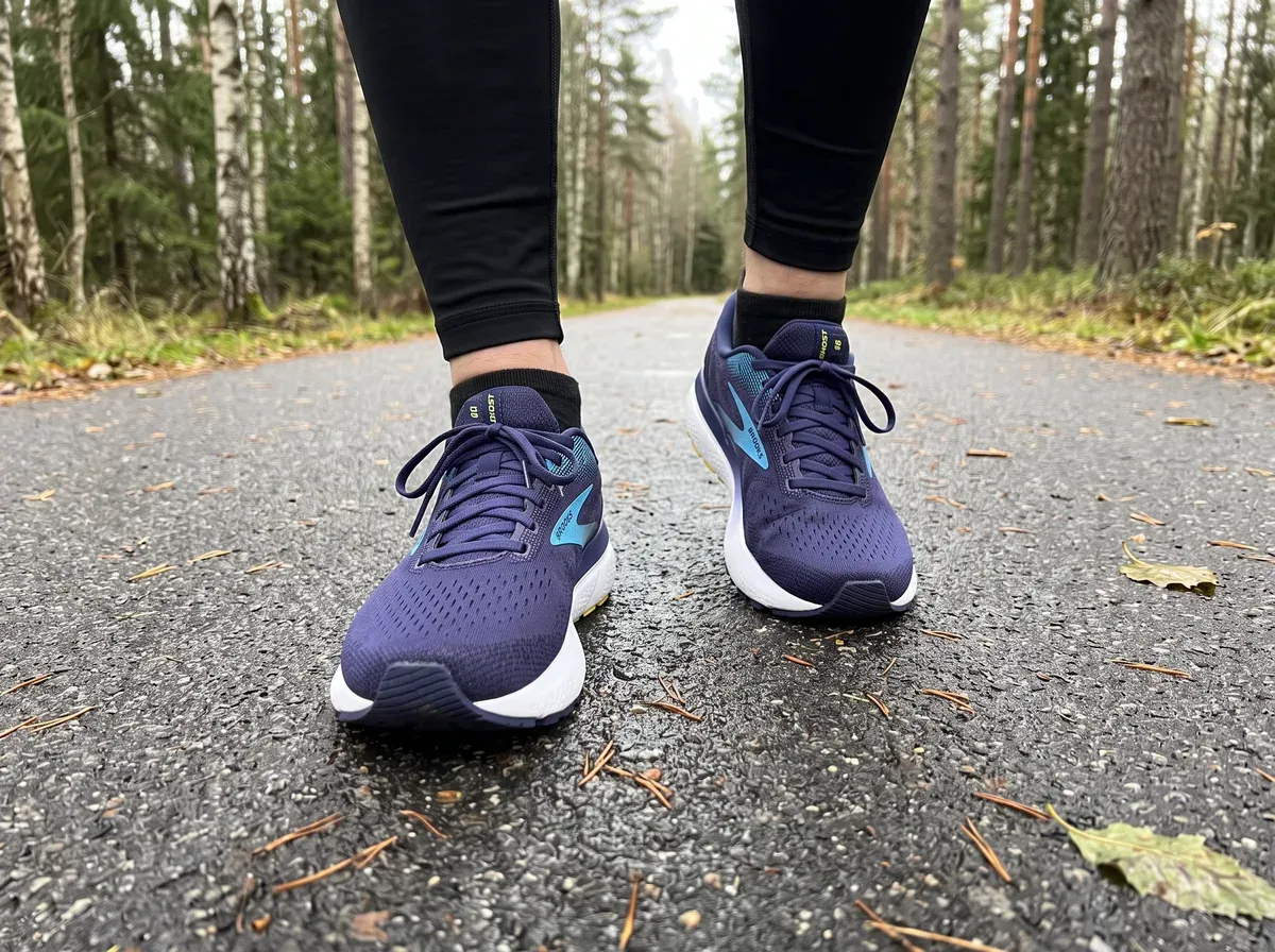 Brooks Ghost 16 på fötterna på blöt asfalt