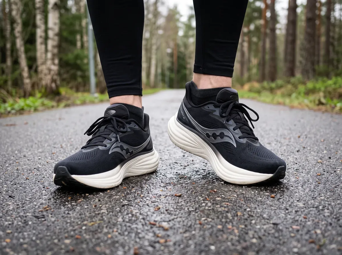 Saucony Triumph 24 på fötterna på blöt asfalt