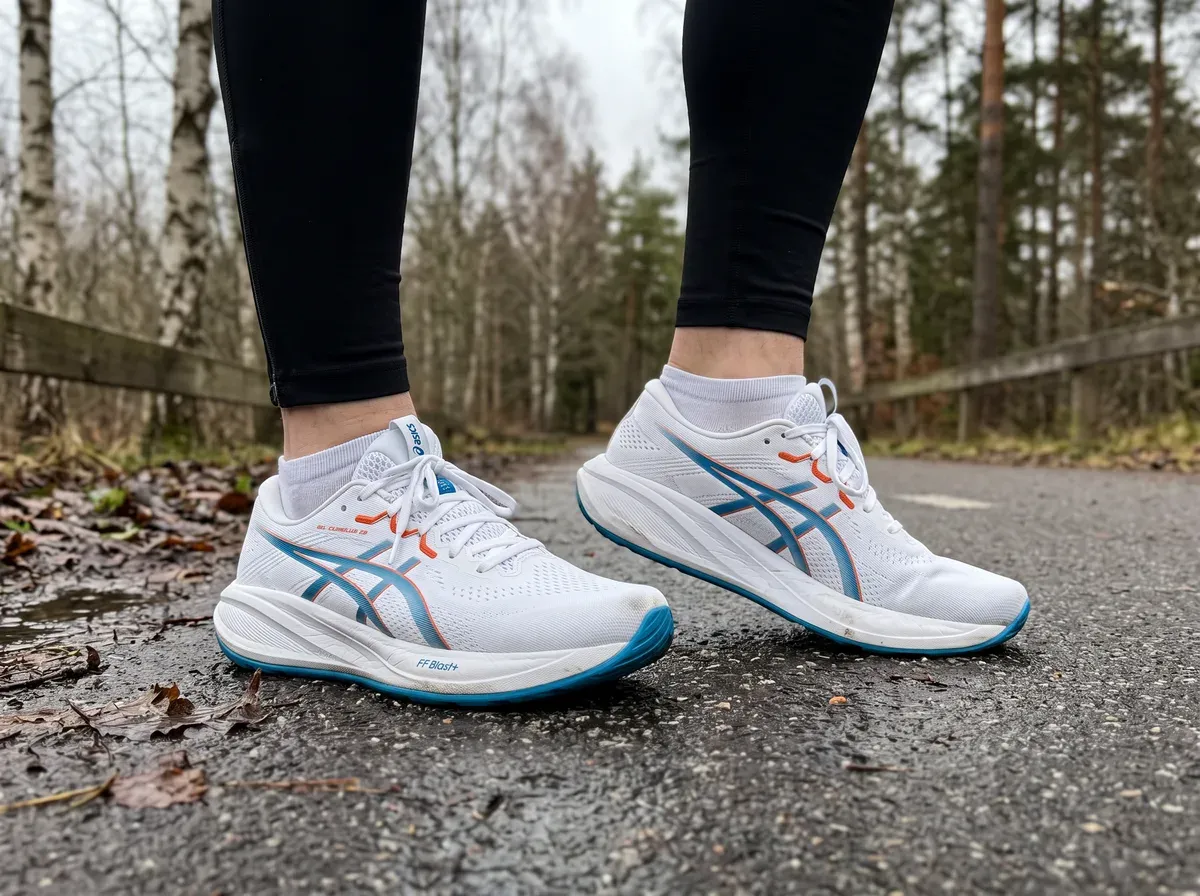 Asics Gel-Cumulus 28 på fötterna på blöt asfalt
