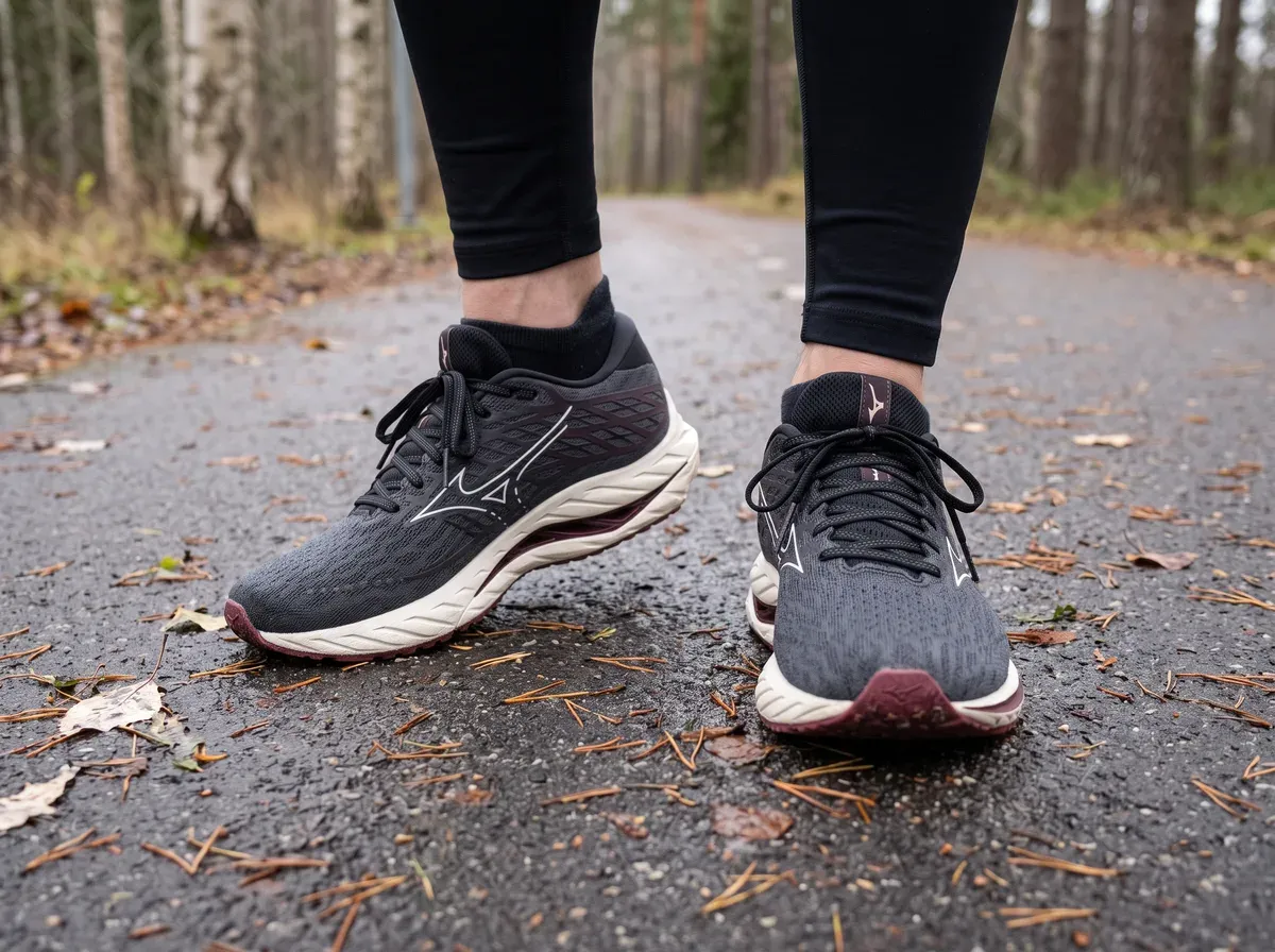 Mizuno Wave Inspire 20 på fötterna på blöt asfalt