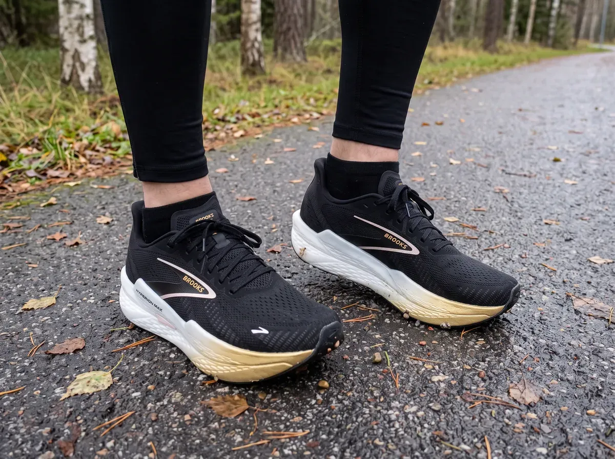 Brooks Hyperion Max 2 på fötterna på blöt asfalt